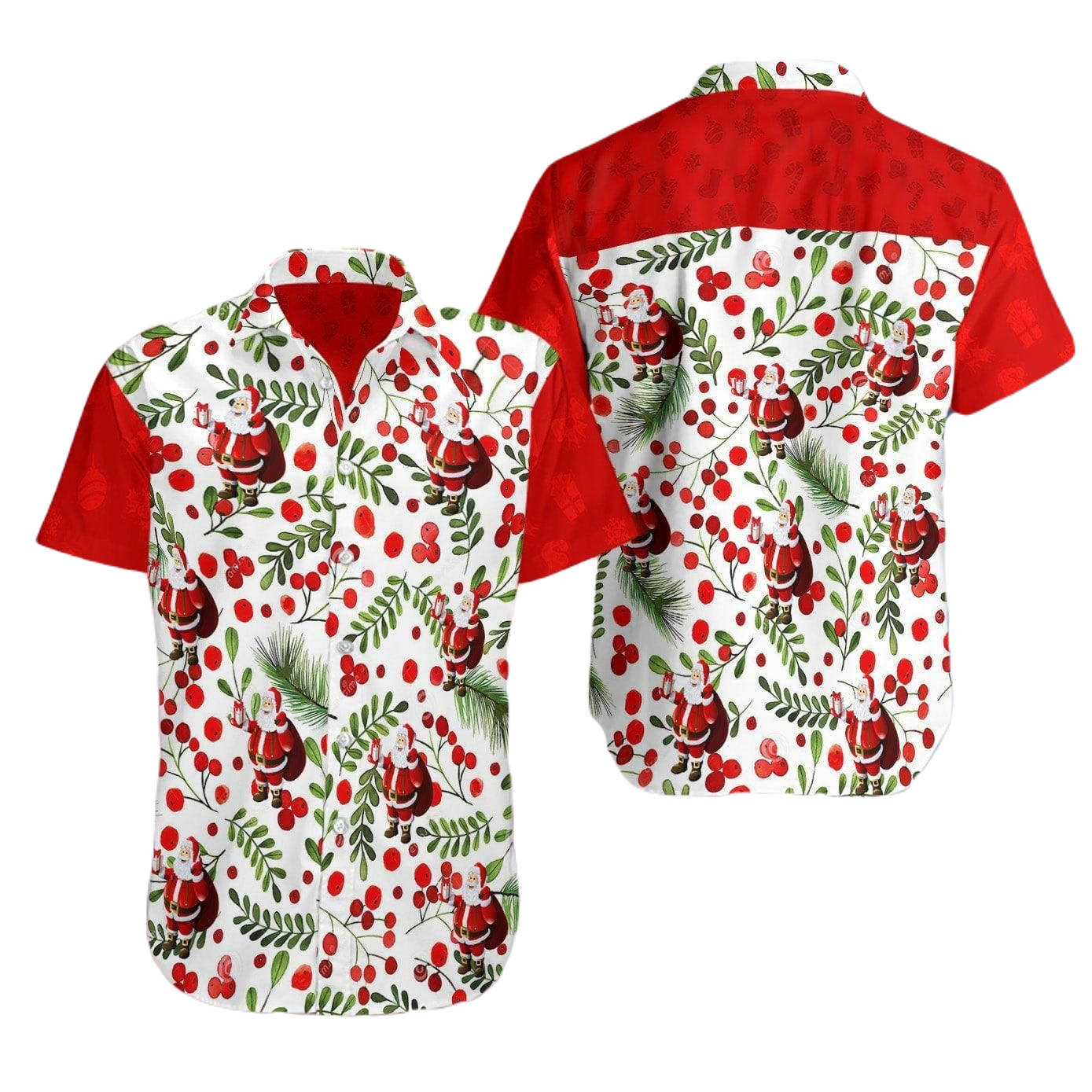 Christmas Hawaii Shirt Christmas Santa Claus And Mistletoe Pattern Hawaiian Shirt White Red Unisex - Hawaiian Summer Shirt For Men