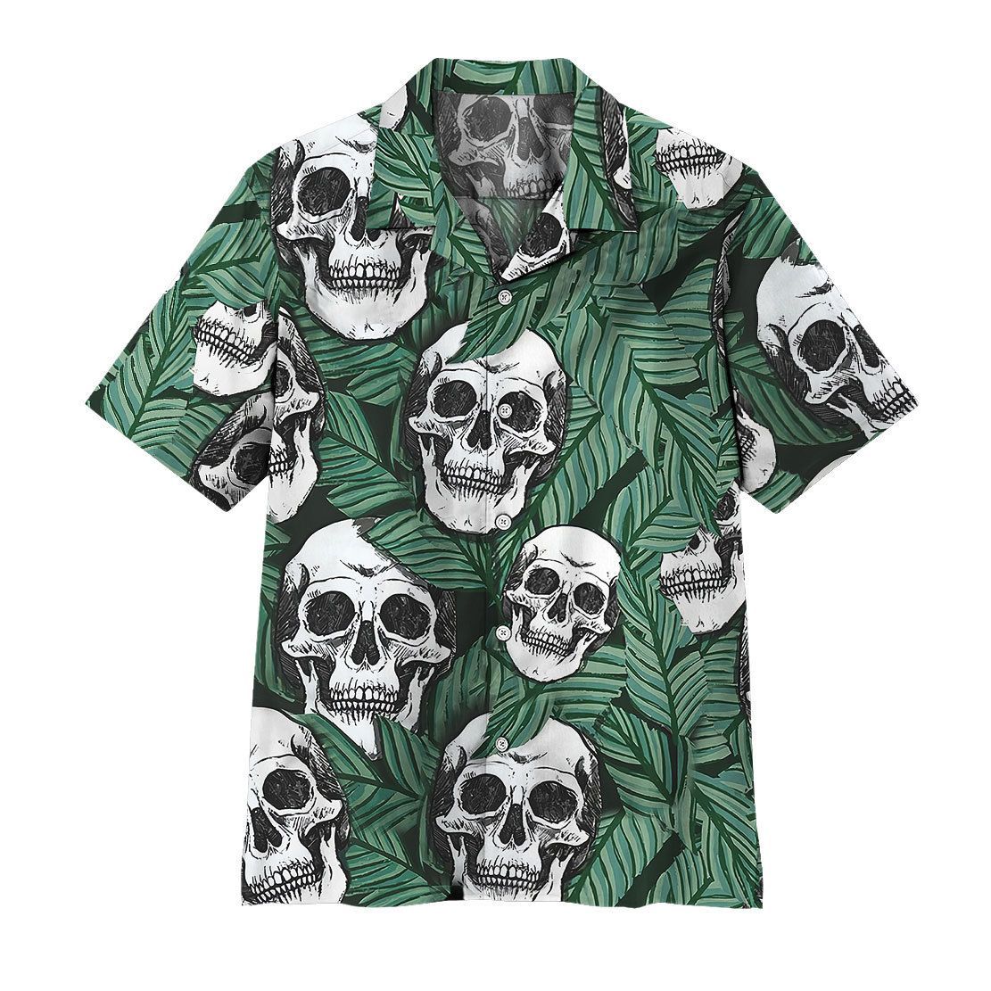 Skull Hawaii Shirt Skull Tropical Leaves Pattern Hawaiian Shirt Green White Unisex - Hawaiian Summer Shirt For Men