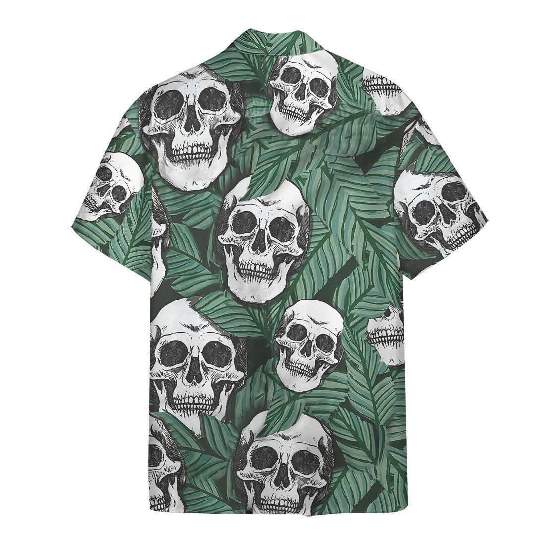 Skull Hawaii Shirt Skull Tropical Leaves Pattern Hawaiian Shirt Green White Unisex - Hawaiian Summer Shirt For Men