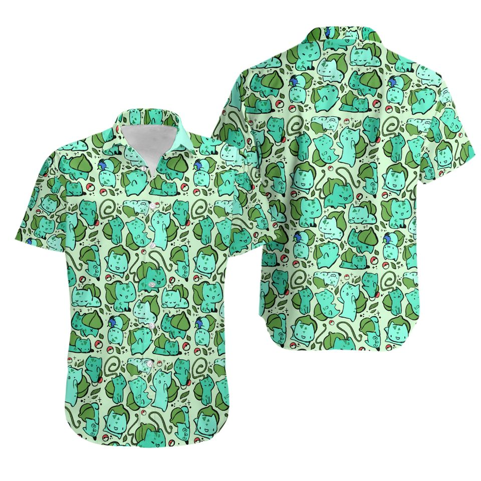 Pokemon Hawaii Shirt Pokemon Bulbasaur Chibi Pattern Aloha Shirt Green Unisex - Hawaiian Summer Shirt For Men