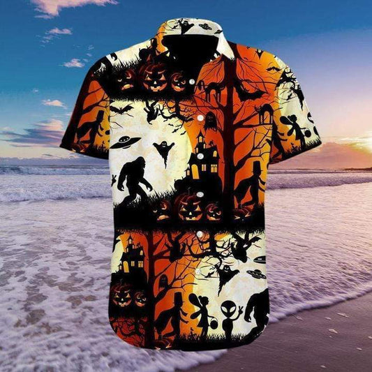 Bigfoot Halloween Hawaii Shirt Bigfoot Alien Halloween Orange Hawaiian Shirt