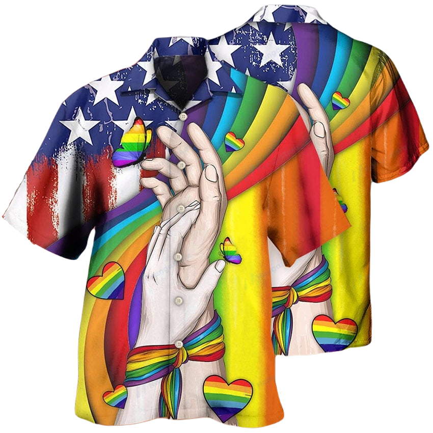 Lgbt Hawaii Shirt Lgbt Hand Holding Butterfly Rainbow Hawaiian Shirt Colorful Unisex - Hawaiian Summer Shirt For Men