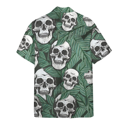 Skull Hawaii Shirt Skull Tropical Leaves Pattern Hawaiian Shirt Green White Unisex - Hawaiian Summer Shirt For Men